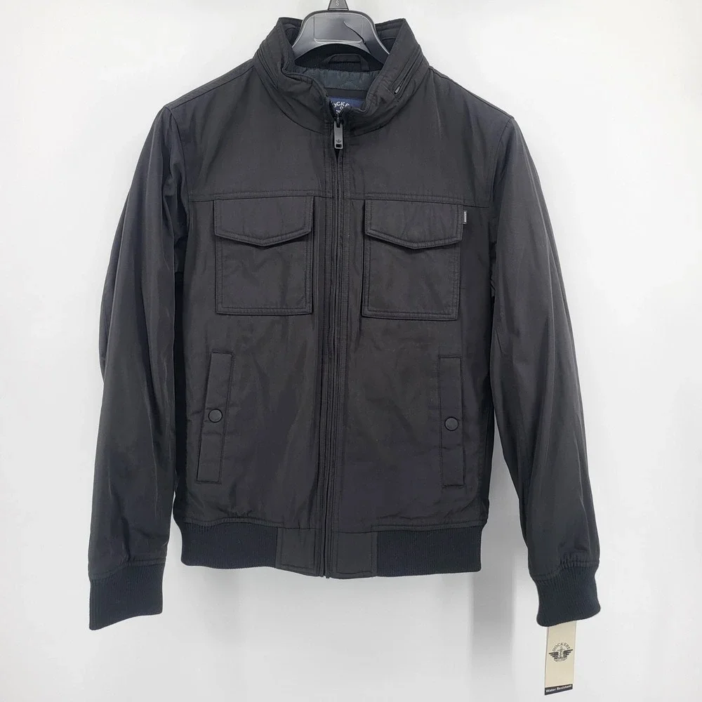 Dockers Men's Military Bomber Jacket Black Zip Utility Pockets Size Small NWT